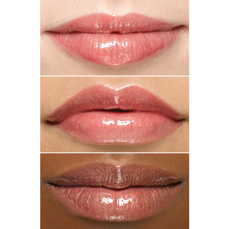Close up of lips wearing Mary Kay Unlimited Lip Gloss in shade Fancy Nancy on an ivory, bronze and deep skin tone.