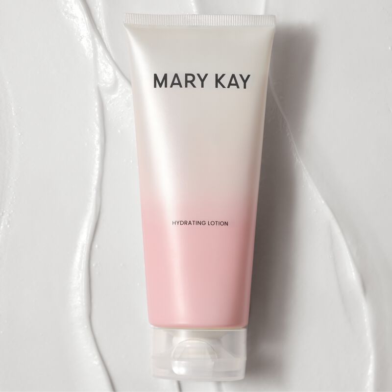 Mary Kay Hydrating Lotion tube displayed on a background of smooth creamy lotion