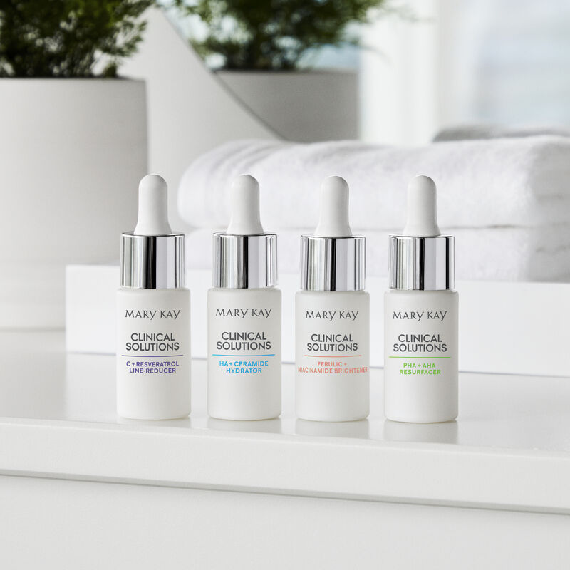 All four Clinical Solutions boosters on bathroom counter